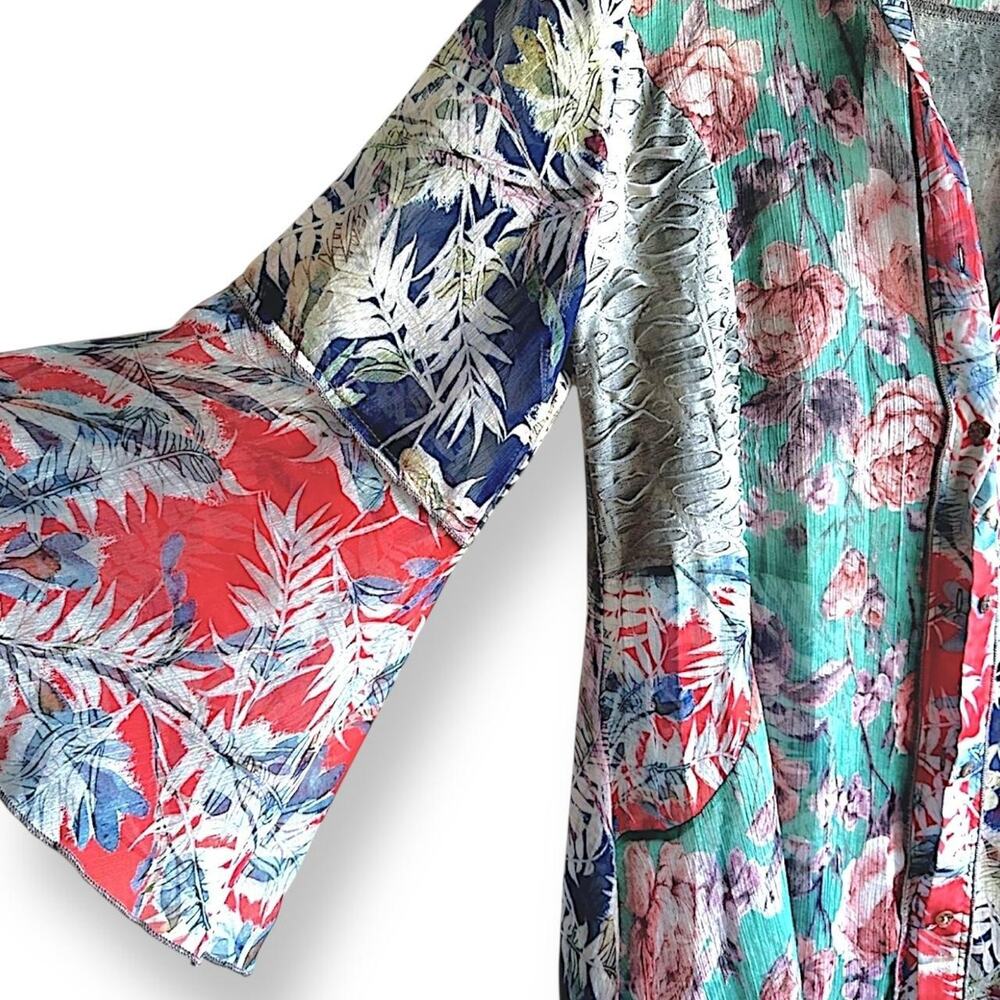 VTG Floral Patchwork Sheer Duster Kimono Bell Sleeve Boho Festival 90s Y2K M - L - Picture 2 of 8